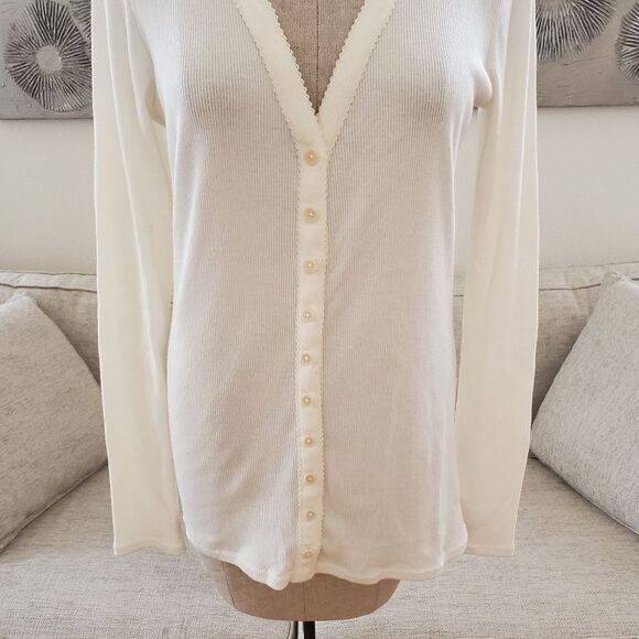 NEW! Rebecca Taylor Ribbed Pima Cotton V-Neck Cardigan - size Large in Ivory. - Picture 5 of 13